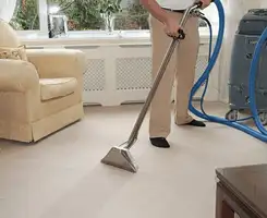 Carpet cleaning professional removing dirt and stains with a hot-water extraction tool in a home, Columbia, SC.